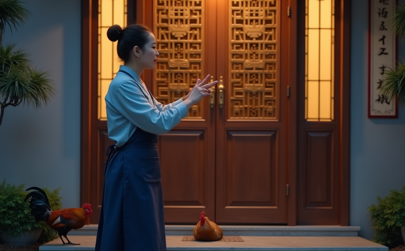 婦人黃昏細心檢視家門安全公雞守候的鳴吠對寫照