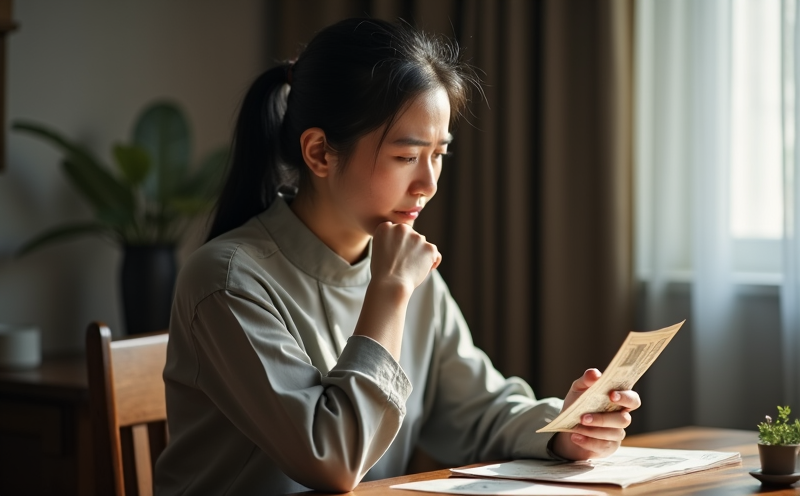 婦女於餐桌前憂慮翻看少量帳單的小耗日常開銷場景