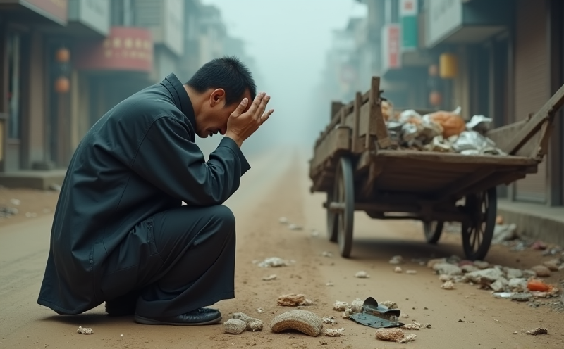 商人於塵土路上跪在被劫貨車旁抱頭驚呆的劫煞掠奪場景