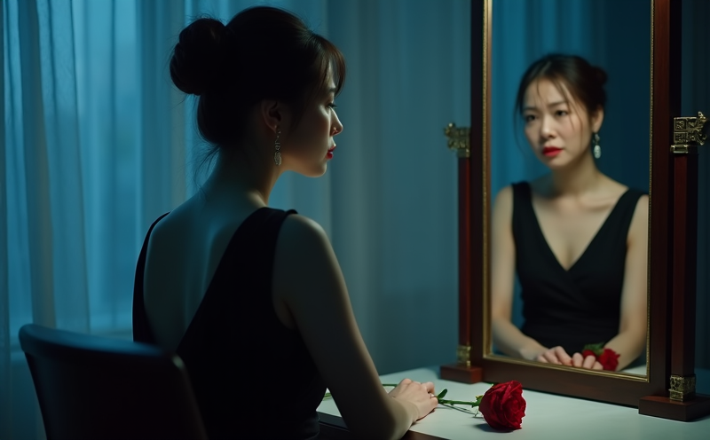 婦女於梳妝鏡前獨坐神情糾結的咸池情感混亂場景