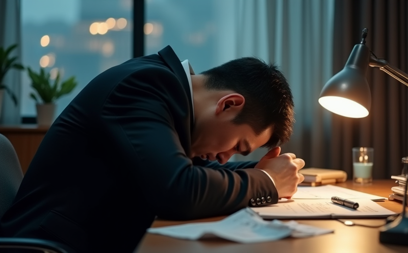 商人於辦公室伏案痛苦面對破產報表的大耗經商失敗場景