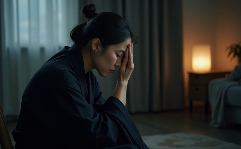 婦女於昏暗家中扶額空洞凝視的月厭情緒低迷場景