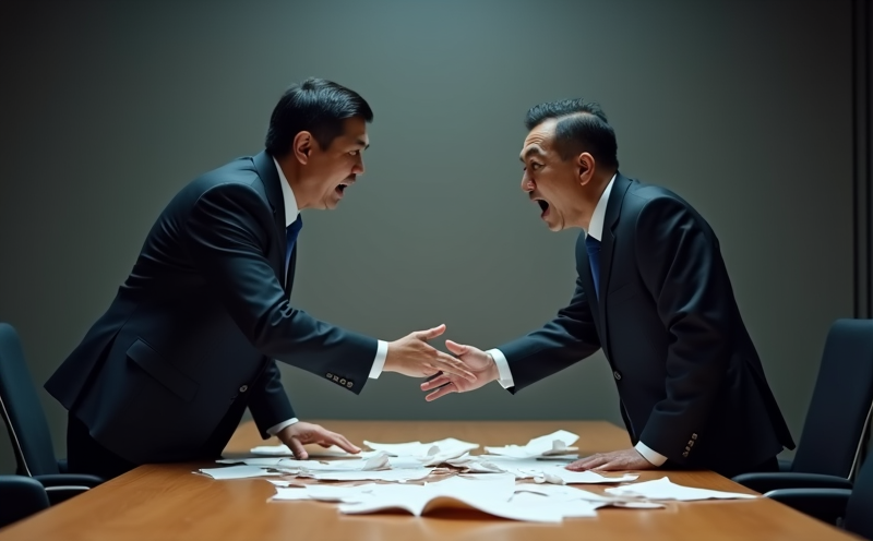 兩位主管於談判桌前激烈爭執指責的朱雀口舌談判場景