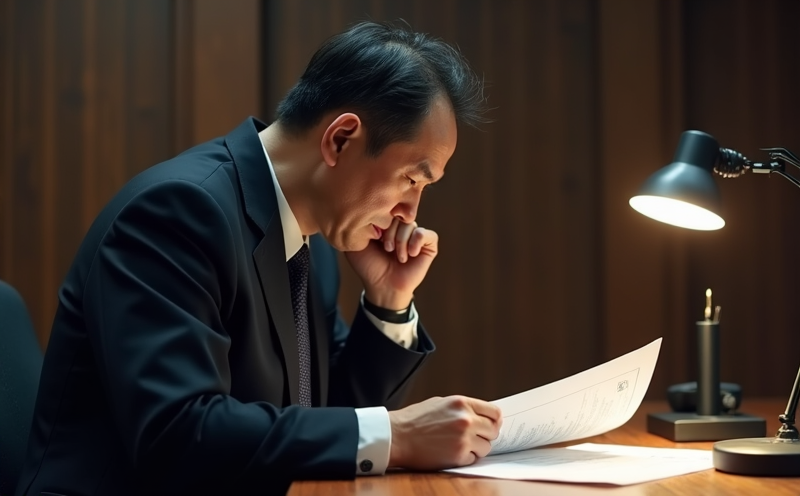 公務員於辦公桌前頭痛審視被駁回紅印文件的天吏官非干擾場景
