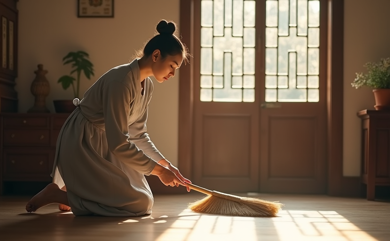 婦女於神桌前以竹掃打掃廳堂的除神清掃寫照