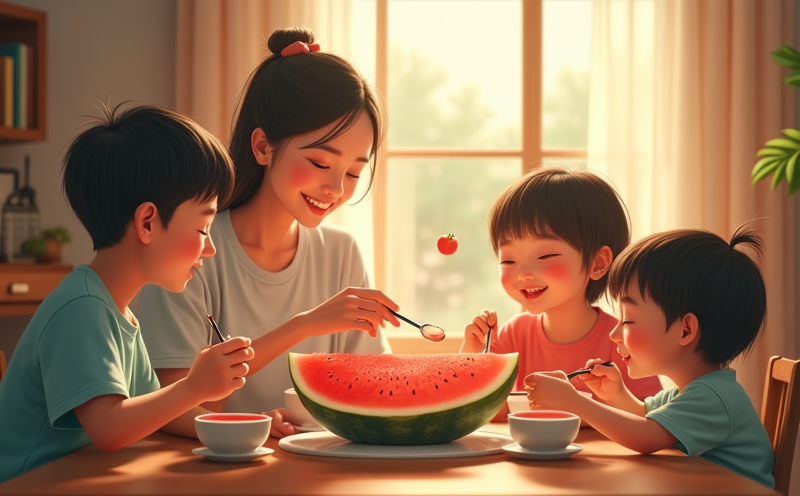 家人圍坐風扇前共享西瓜清涼解暑的大暑場景