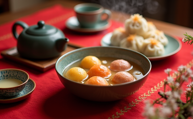冬至湯圓餃子與熱茶的團圓陳設