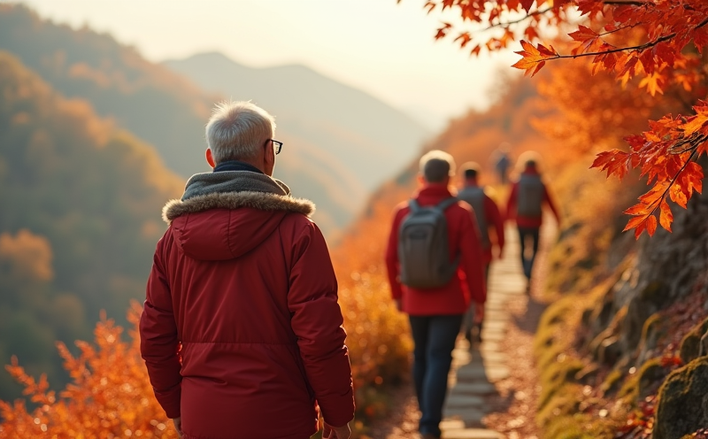 長輩於楓紅山徑登高賞秋的寒露場景