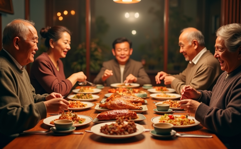家人圍桌共享豐盛肉食貼秋膘的立秋場景