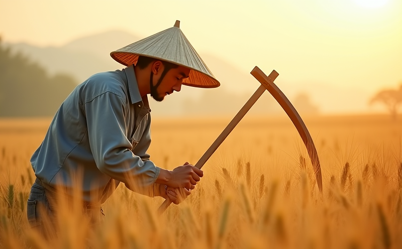 農人持鐮揮汗收割金黃麥穗的芒種場景