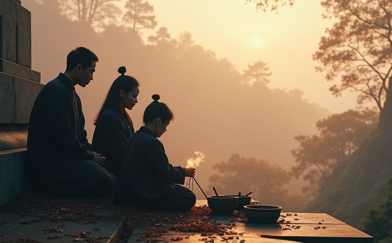 家人於山坡祖墳前獻供祭拜的清明掃墓場景