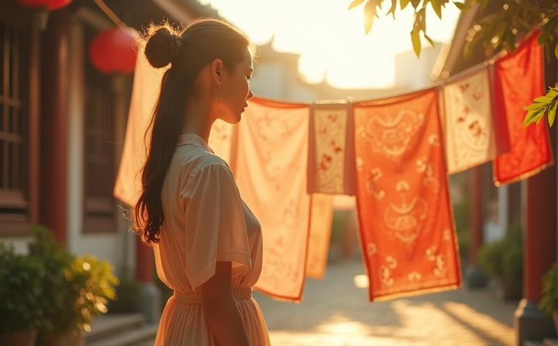婦人於庭院曝曬棉被衣物的小暑曬伏場景