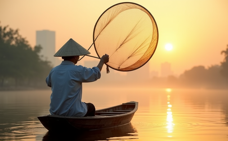 漁夫於小舟上撒圓網捕魚的取漁瞬間