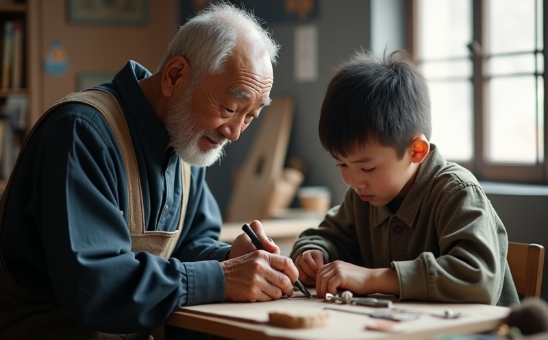 老師傅指導少年徒弟執鑿學藝的習藝寫照