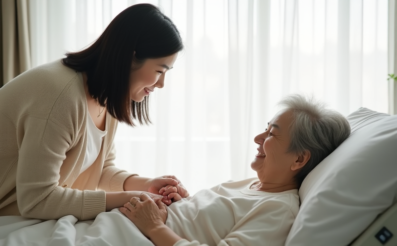中年女兒輕握臥床長輩雙手關懷探病的親情瞬間