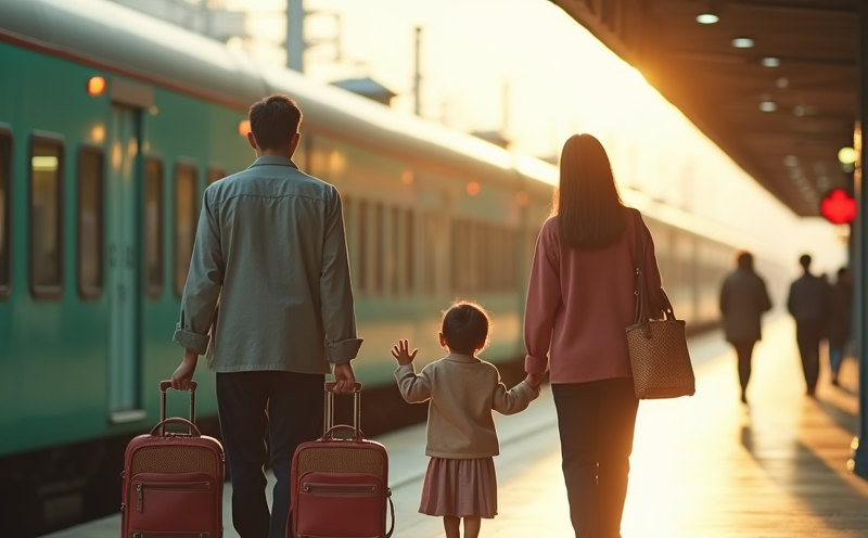 一家三口在月台揮手準備搭車遠行的出行畫面