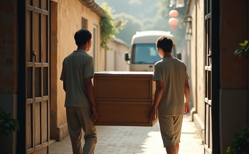 一對夫妻合力抬出木箱搬離舊宅的移徙瞬間
