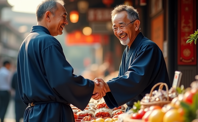 商人於攤前握手交付貨款的交易成交瞬間