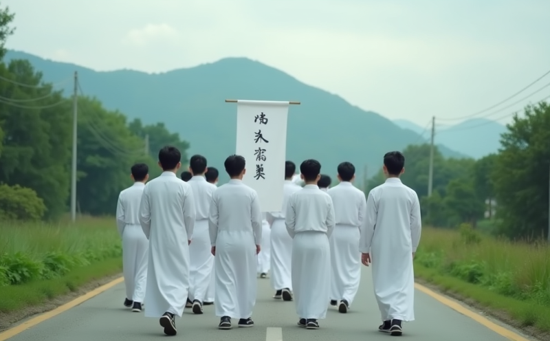 家族著白色孝服列隊步行於山道的行喪場景