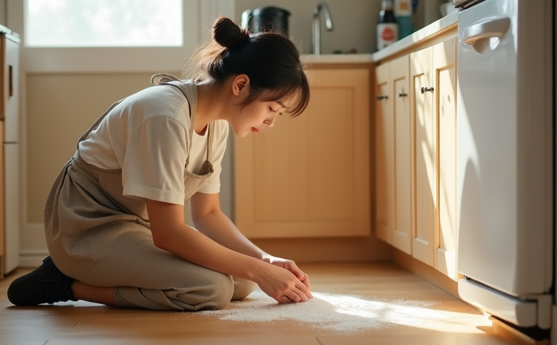 婦人蹲身於廚房地板沿縫撒鹽阻絕蟻路的斷蟻瞬間