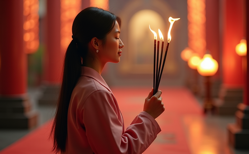 婦人於廟前合掌持香虔誠默禱的祈福寫照