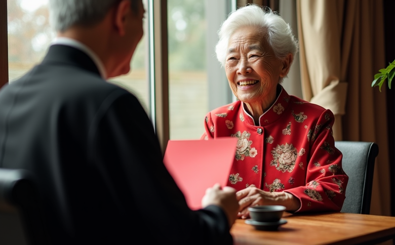 媒婆與女方父親隔几相對遞交婚書名帖的問名場景