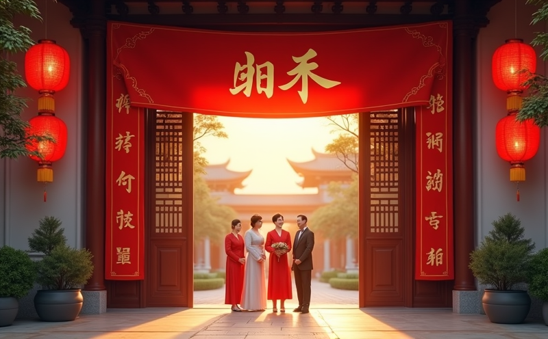 女方家門前掛紅綵以家人列隊歡迎入贅女婿的場景