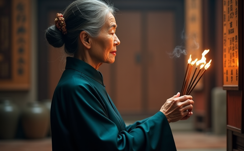 長輩雙手持香於神桌前虔誠祭祖的側影