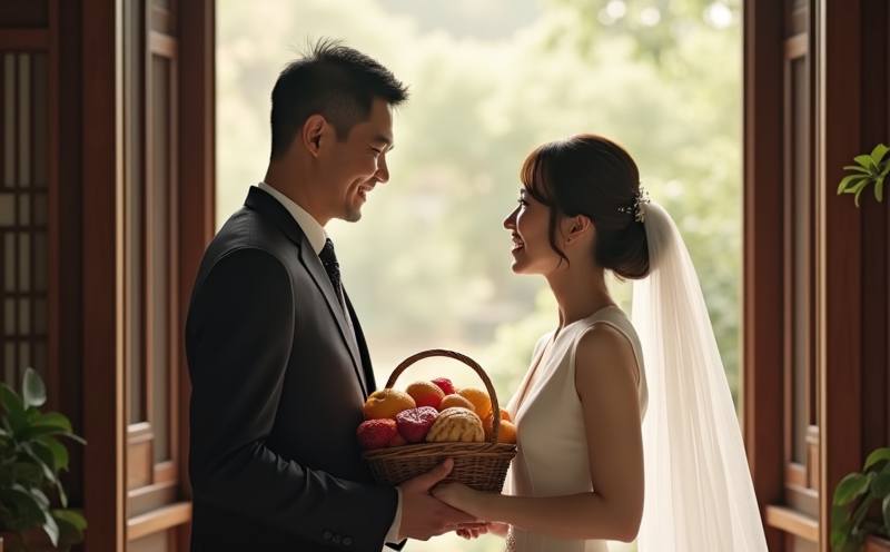 新婚夫妻提著禮盒與娘家父母在門前相見的歸寧瞬間
