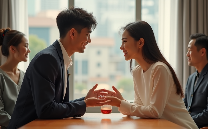 一對情侶於雙方家長見證下交換戒指的現代訂婚場景
