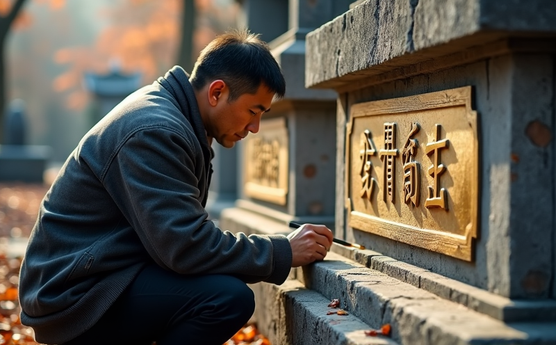 中年男子於墓前細心描繪墓碑字跡的修墳場景