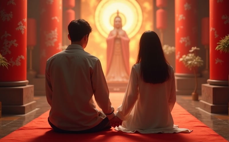 一對年輕夫妻於廟內並肩跪拜祈求子嗣的背影