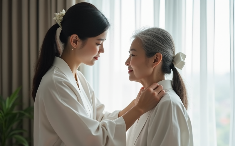 女兒輕扶母親頭上孝帶相伴成服的喪禮親情瞬間