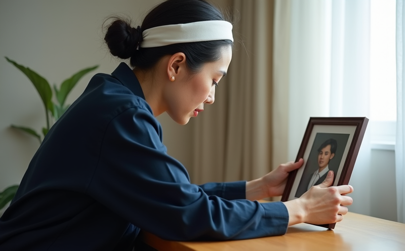 中年婦女於桌前對家人遺照取下白色孝帶的除服瞬間