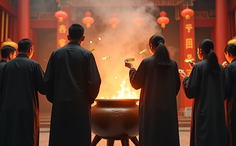 一家人圍著金爐焚化紙錢的中元普渡儀式