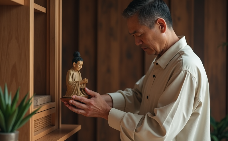 中年男子雙手捧神像安奉於新設神桌的安香瞬間