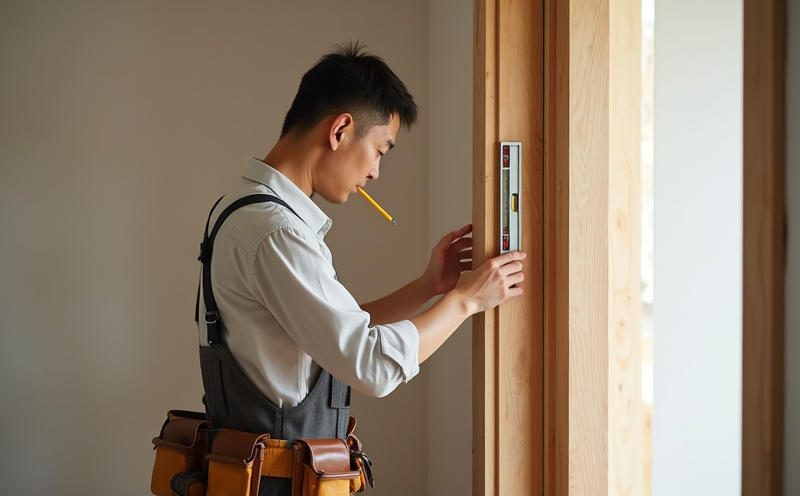 木匠以水平儀檢查新門框垂直對齊的安裝瞬間