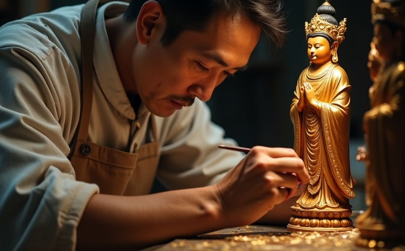 中年師傅以細筆為神像描繪金箔細節的專注工筆瞬間