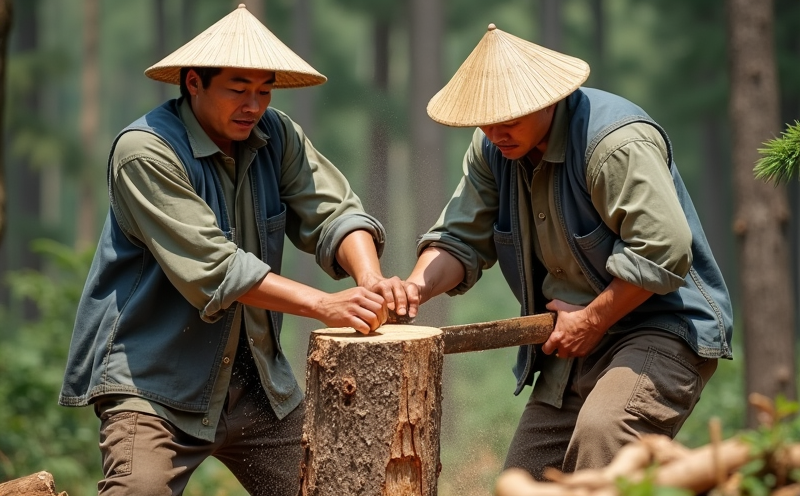 兩名工人合執大鋸鋸倒山林大樹的伐木瞬間