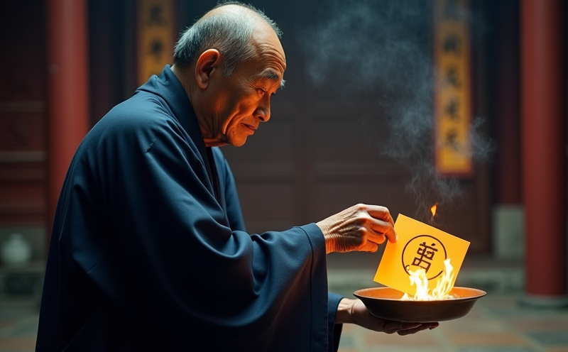 道士手執燃燒中的黃符化解煞氣的肅穆瞬間