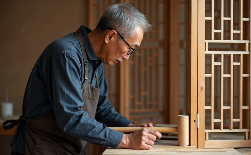 師傅以木槌敲打榫接組裝木格屏風的工筆寫照
