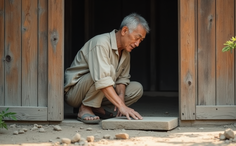 工匠蹲身為新建廁所鋪設石板地面的工序瞬間