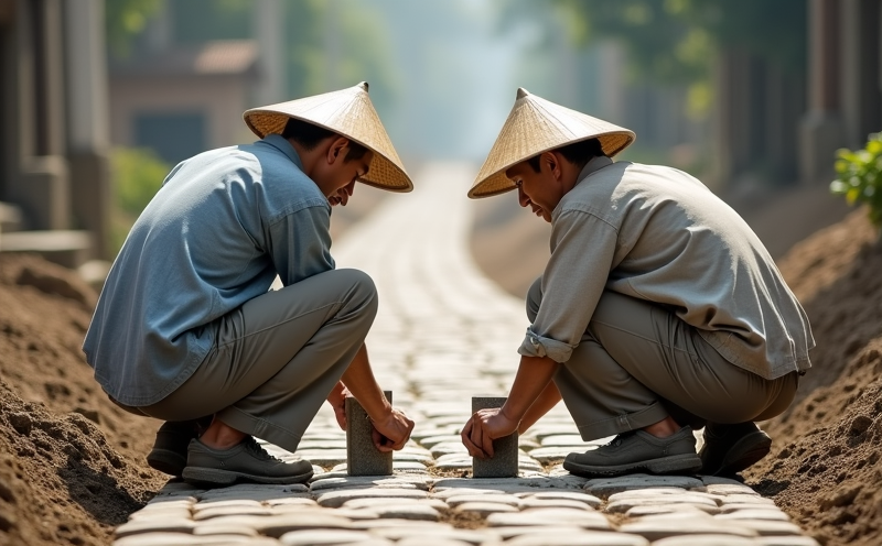 兩名工人並排蹲下在小徑上鋪石與夯實的鋪路場景