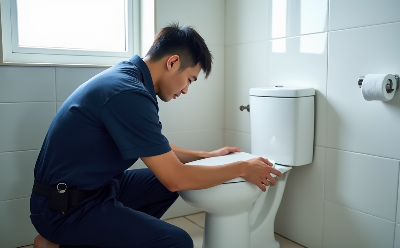 水電師傅蹲身細心安置馬桶於地排上的作廁瞬間