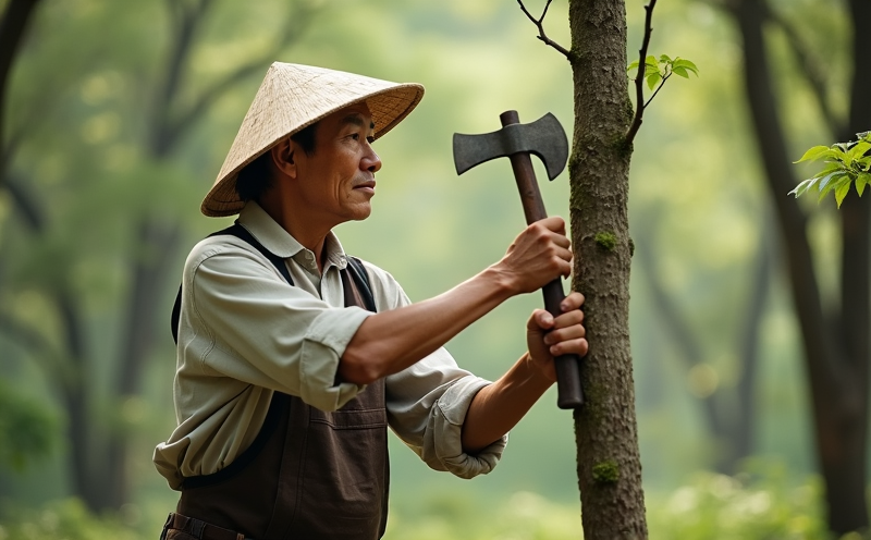 老樵夫舉斧高揚準備劈砍小樹的伐木瞬間