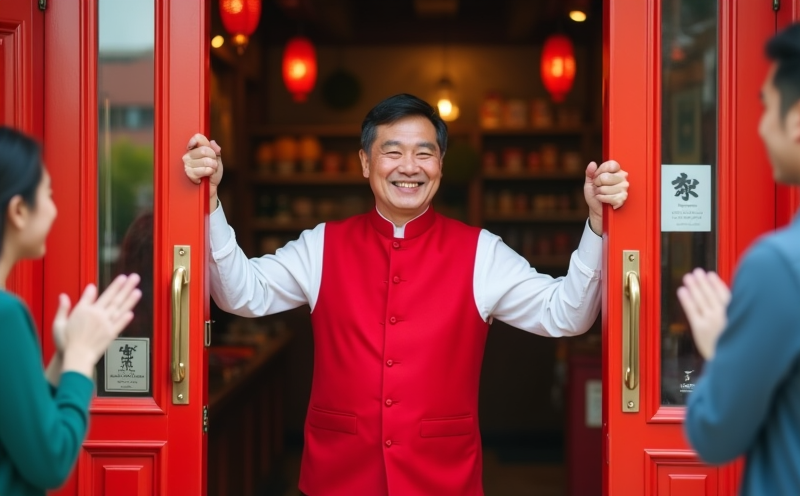 店主拉開新店紅色雙開門家人歡笑相伴的開市瞬間
