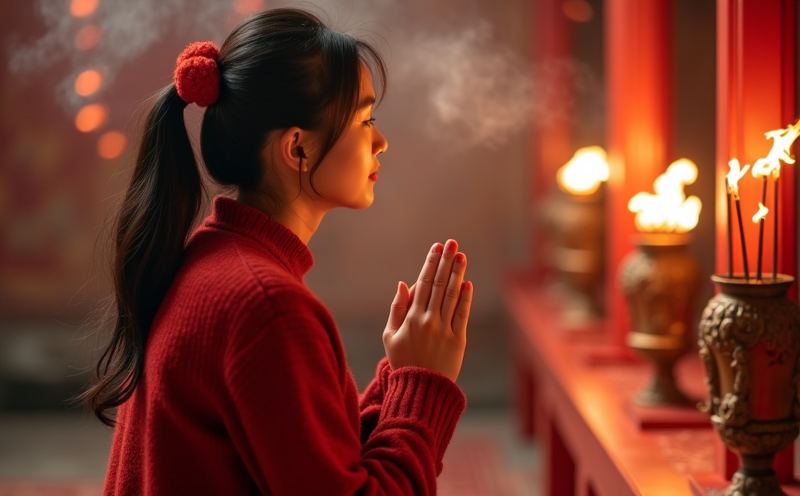 婦人持香於財神前虔誠跪拜祈求的求財寫照
