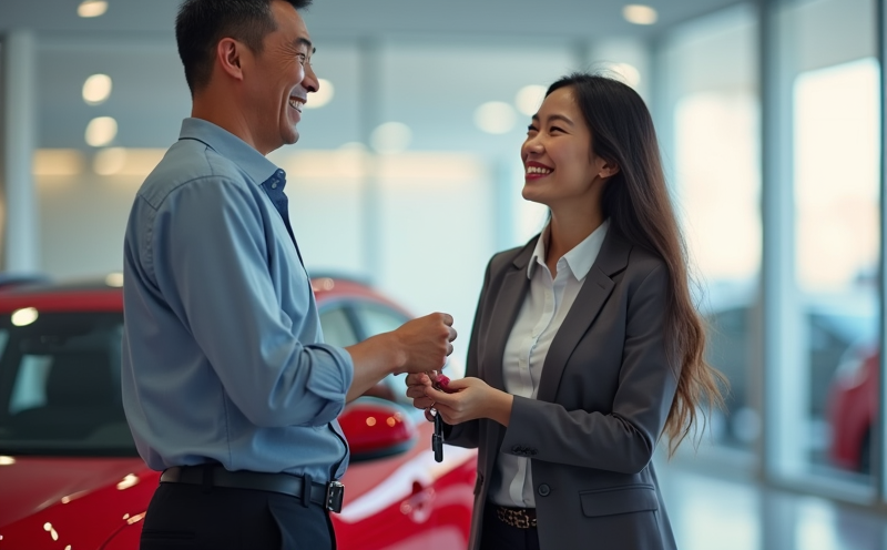 客人雙手從業務手中接過新車鑰匙的買車交付瞬間