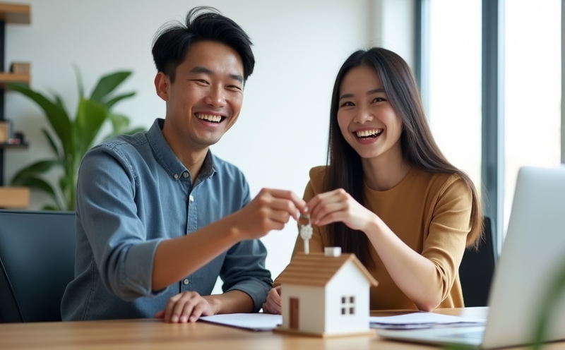 夫妻雙手接過房仲遞來的新家鑰匙的置產喜悅