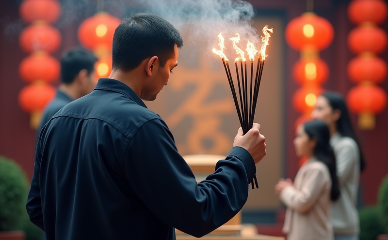一名男子於廟前舉香深鞠躬還願的家庭酬神畫面
